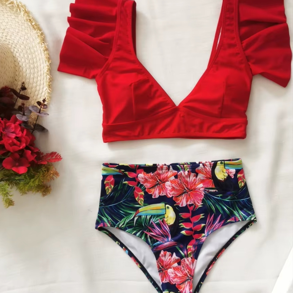 Red Ruffle Shoulder Bikini Top with Tropical High-Waist Bottoms Size L